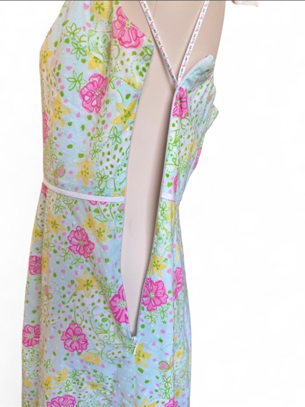 Vintage Lilly Pulitzer White & Pink Floral Swiss Dot Halter Dress - Size 10 - Picture 7 of 9